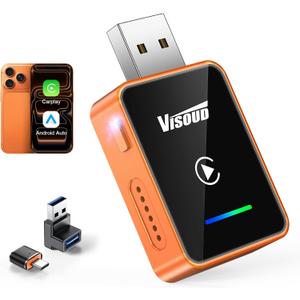 2026 Wireless CarPlay & Android Auto Adapter, One-Click Switch, 3s Auto Reconnect, A9 Chip, Bluetooth 6.0, 5.8GHz WiFi, Plug & Play, with USB-C & Right-Angle Cables (Orange)