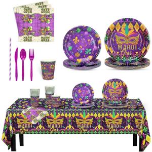 Mardi Gras Party Supplies Disposable New Orleans Party Tableware Set includes Mardi Gras Plates Napkins Cups Tablecloth for Masquerade Carnival Fat Tuesday Decorations,Serve 20