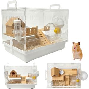 Clear Acrylic Hamster Cage Habitat, 2-Tier Small Animal Mouse Habitat with Wheel, Hideout & Accessories, Transparent Cage Hamster Starter Home for Dwarf Hamsters, Gerbils & Mice Enclosure