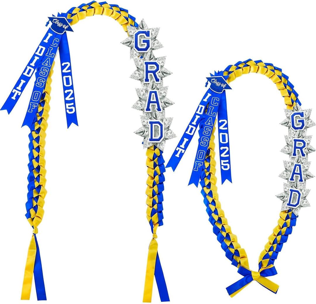 63'' Graduation Lei 2025 Handmade Double Braided Ribbon Necklace with Tassel & Number Patch Class of 2025 Honor Cord Gift Set Money Leis Kit for College Graduation Party(Blue,Yellow)
