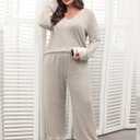 Blooming Jelly Women Plus Size Pajamas Sets Cute Lace Lounge Set Long Sleeve Pj Sets V Neck Loungewear Fall Outfit (Large, Apricot)