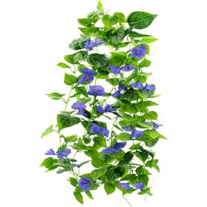 Artificial Vines 15Feet Silk Flower Garland for Outdoors Morning Glory Vine Artificial Flowers Hanging Plants Garland Fake Green Plant 2Pcs Dark Blue for Wall Fence Indoor Wedding Banquet Decor