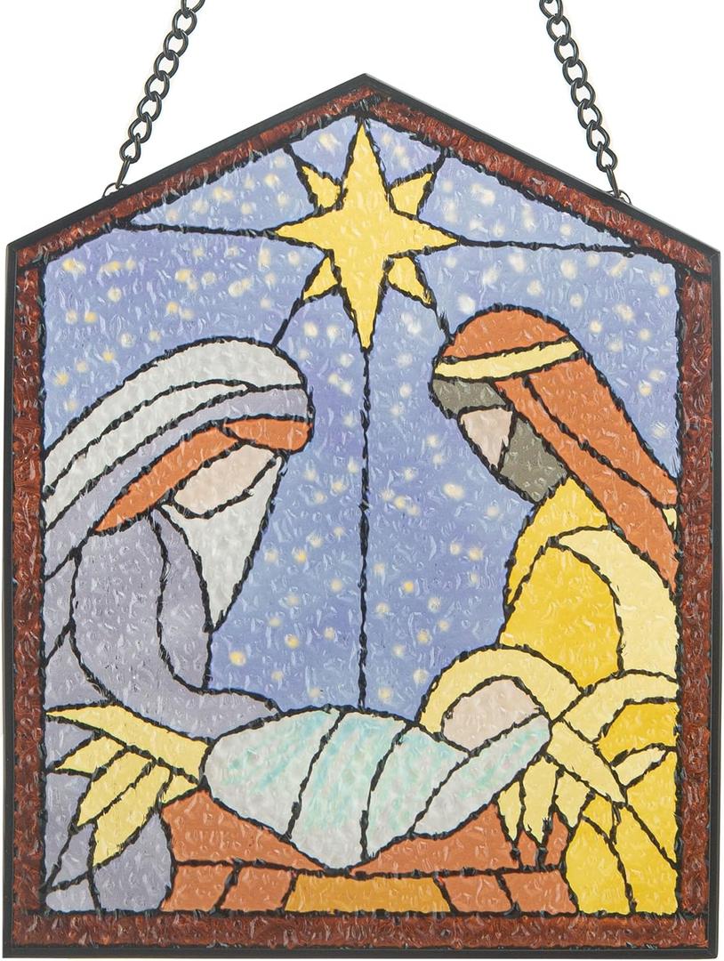 Nativity Scene Sun Catcher - 8'' Nativity Scene Stained Glass Window Hanging Ornaments Glass Sun Catcher for Home Window Decor Colorful Glass Panel for Wall Hanging Christmas Ornament Gift