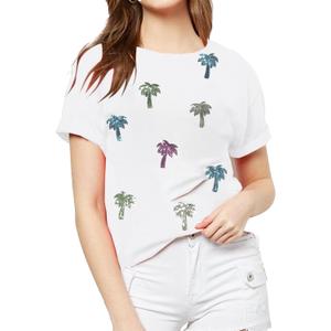 Women Hawaiian Shirt Tropical Shirts Coconut Tree Sequin T Shirt Hawaiian Family Vacation Tee Top (White, S)