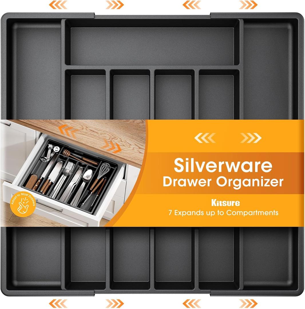 Kitsure Silverware Organizer for Drawers - Expandable Cutlery and Utensil Drawer Organizer with Easy Maintenance, Premium PP Kitchen Organizers and Storage for Flatware, Black, 13.2" x 12.2" x 1.6"
