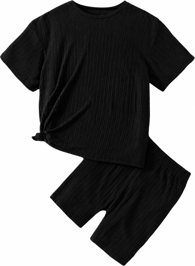 WDIRARA Girl's Ribbed Short Sleeve Top and Biker Shorts Set 2 Piece Summer Outfits, Black, 130