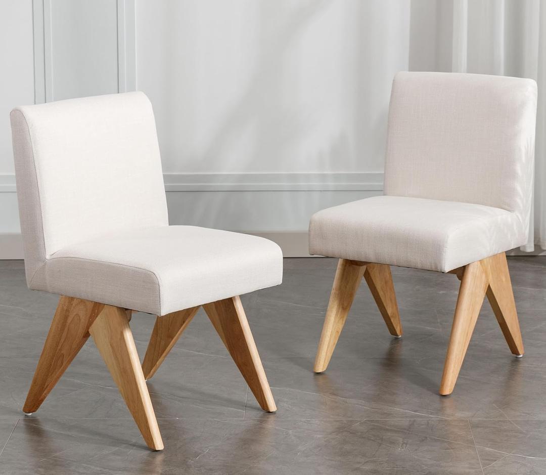 VESCASA Upholstered Dining Chairs with Inverted V-Shape Natural Wood Legs, Linen Modern Padded Dining Chairs with Cushion Back for Dining Room, Kitchen, Set of 2, Beige