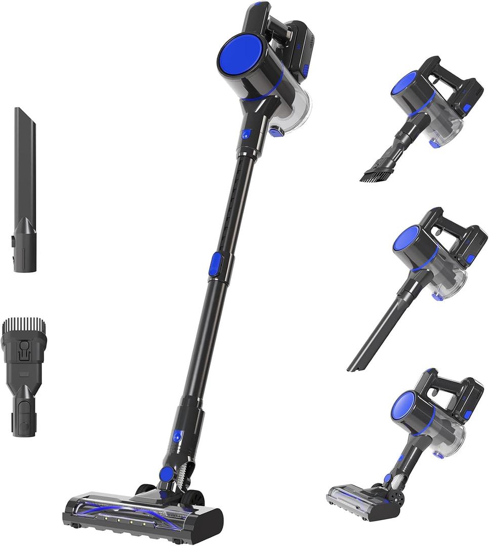 DUMOS Cordless Vacuum Cleaner, Lightweight Rechargeable Upright Vacuum with Flexible Steering, Extendable Pole, LED Light, 3 Brush Heads & Wall Mount, Ideal for Hardwood Floors & Household Cleaning