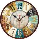 VIKMARI 14 Inch Wooden Wall Clock Battery Operated Retro Rustic Decorative Clock with Arabic Numerals Colorful Silent Non Ticking for Kitchen Bedroom Home Decor Tuscan Country Style