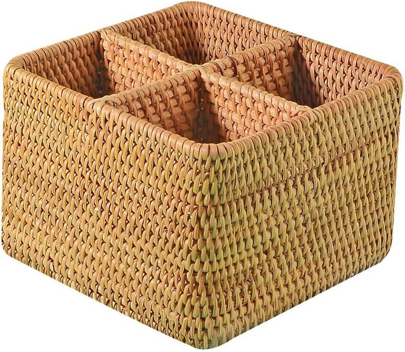 i-lan Natural Rattan 4 Compartments Cooking Utensil Silverware Organizer Holder Cosmetics Storage Box Cutlery Caddy Flatware Serving Basket (180mm 4-Compartment Box)