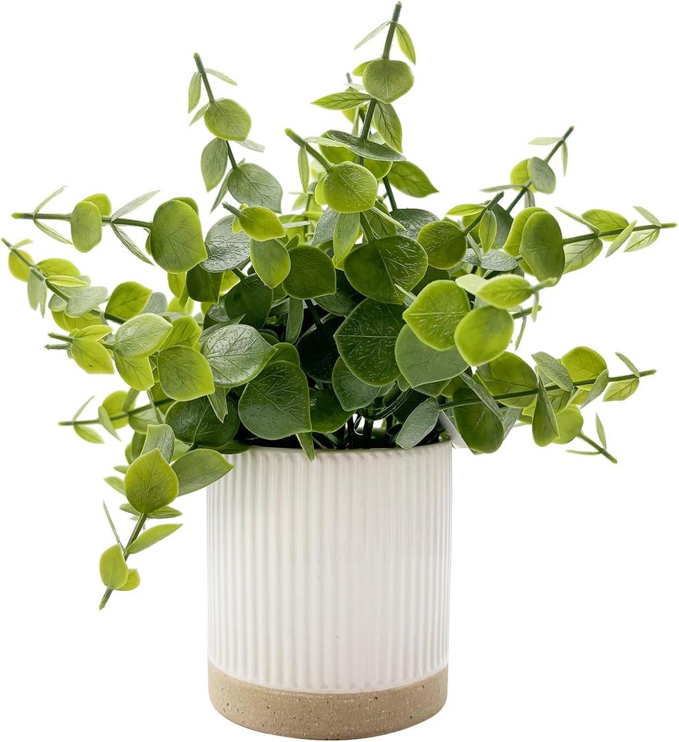 Coferset Small Fake Plants Eucalyptus Potted Artificial Plants Faux Plant Greenery in Ceramic Pot for Bedroom Kitchen House Living Room Shelves Farmhouse Table Office Desk Bathroom Home Indoor Decor
