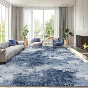 AMADA Washable 8'x10' Abstract Area Rug for Living Room Dark Blue