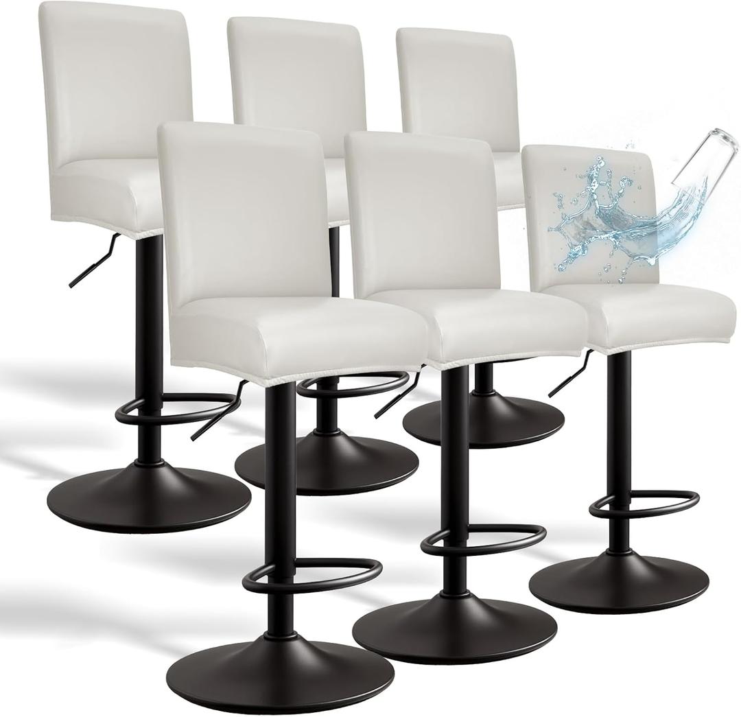 PU Leather Bar Stool Covers with Backs, 6 Pack Stretch Waterproof Bar Stool Chair Covers Washable & Comfortable Barstool Covers Slipcovers with Back for Pub/Counter/Dining Room Decoration (Cream)