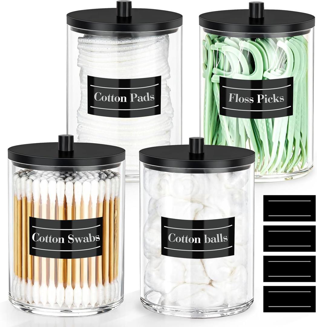 4 Pack 10 oz Acrylic Qtip Holder with Labels Dispenser- Bathroom Small Clear Plastic Canister Apothecary Jar Set Essentials Accessories Decor, Vanity Storage Organizer