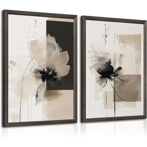 Tocliky Modern Abstract Floral Wall Art Minimalist Neutral Canvas Painting Decor Beige Cream And Black Wall Art Contemporary Flower Picture Prints for Living Room Bedroom 16x24 Inch Framed Set of 2