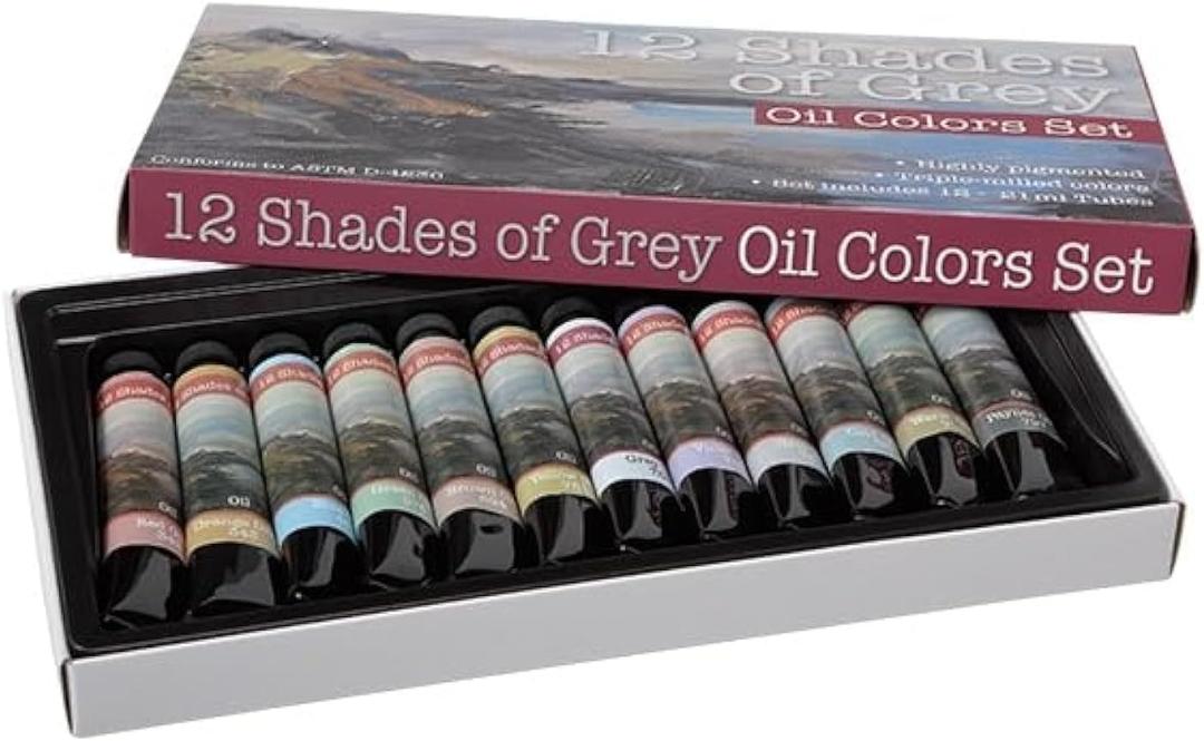 Artist Oil Colors, Set of 12, 21ml Tubes, Assorted, Highly Pigmented Triple Milled Rich Subtle Greys From The Tube