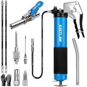 Grease Gun, 7000 PSI Heavy Duty Professional Pistol Grip Grease Gun Kit 14 OZ with Coupler, Double Grease Injector Needles, 18" & 2pc 12" Flex Hoses and Reinforced Glove