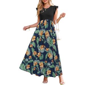 OUGES Women 2025 Spring Summer Dresses Maternity Sleeveless Ribbed Fashion Casual Outfits Maxi Dress with Pockets (Small, Orange Floral)