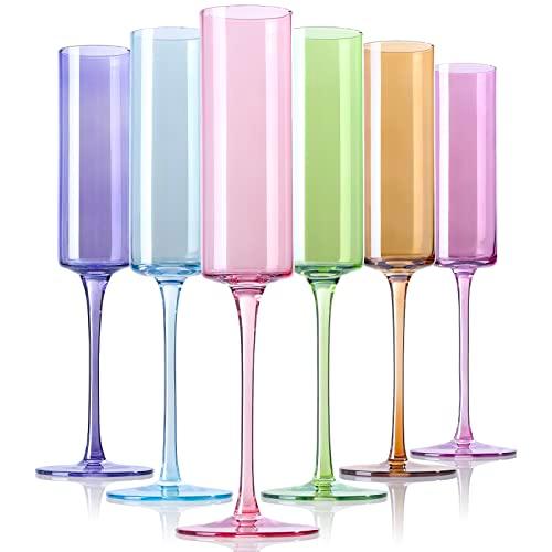 Physkoa Colored Champagne Flutes Set 6 - Glass Champagne Glasses with Multi Color,LeadFree Crystal Colorful Champagne Glasses for Birthday,Wedding,Bridal Shower