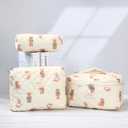 3Pcs Quilted Makeup Bag - Cotton Large Floral Makeup Bag, Travel Cosmetic Bag Cute Flower Aesthetic Floral Toiletry Organizer Bag Set for Women (02White-Bear)