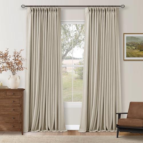 102 Inch Blackout Linen Pleated Curtains for Bedroom Living Room Darkening Pinch Pleat 100% Black Out Thermal Insulated Window Drapes Double Layer Oatmeal Beige 102 Inches Long Curtains 2 Panels Set