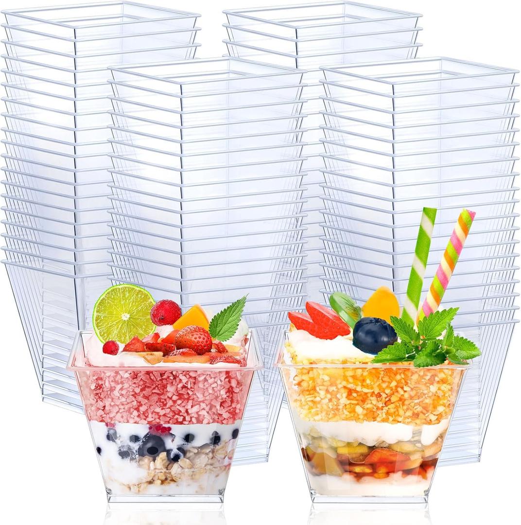 Zubebe 100 Pack 3.5 oz Square Plastic Cups, Appetizer Dessert Cups Clear Plastic Disposable Small Tumbler for Ice Cream, Fruit Puddings, Desserts, Appetizers Summer Wedding Party Catering Supplies