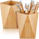 Henoyso 2 Pcs Bamboo Wood Pen Pencil Holder Geometric Pencil Cup Stand Makeup Organizer for Pen Holder Desk Home Office Adults(Bamboo)