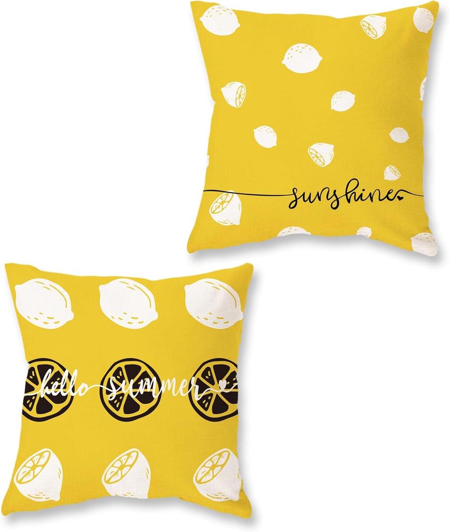 ONWAY Summer Pillow Covers 18x18 Farmhouse Lemon Hello Sunshine Outdoor Throw Pillows Yellow Summer Patio Decorations Cushion Case for Sofa Couch Set of 2