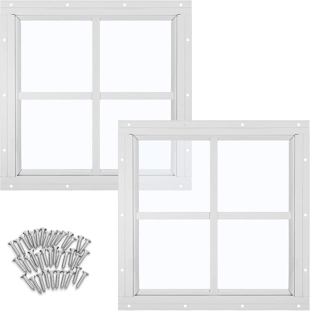 Tandefio 2 Pack 12'' x 12'' White Flush Mount Shed Transom Window with Tempered Glass Household Windows with Screws for Chicken Coop Sheds Barns Playhouse