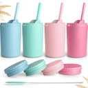 Teivio 4 pcs 10 oz Wheat Straw Kids/ Toddler Cups with Lid and Straws, Reusable Spill proof cups for Kids, Unbreakable plastic cups with Silicone Straws &Cleaning Brush, Dishwasher Safe, Sparkle