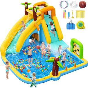 Inflatable Water Slide Bounce House with 450 W Blower, Blow up 10-in-1 Waterslide Park Bouncy Castle Outdoor and Indoor, Bouncer House with Splash Pool, Sprinklers and Long Slide