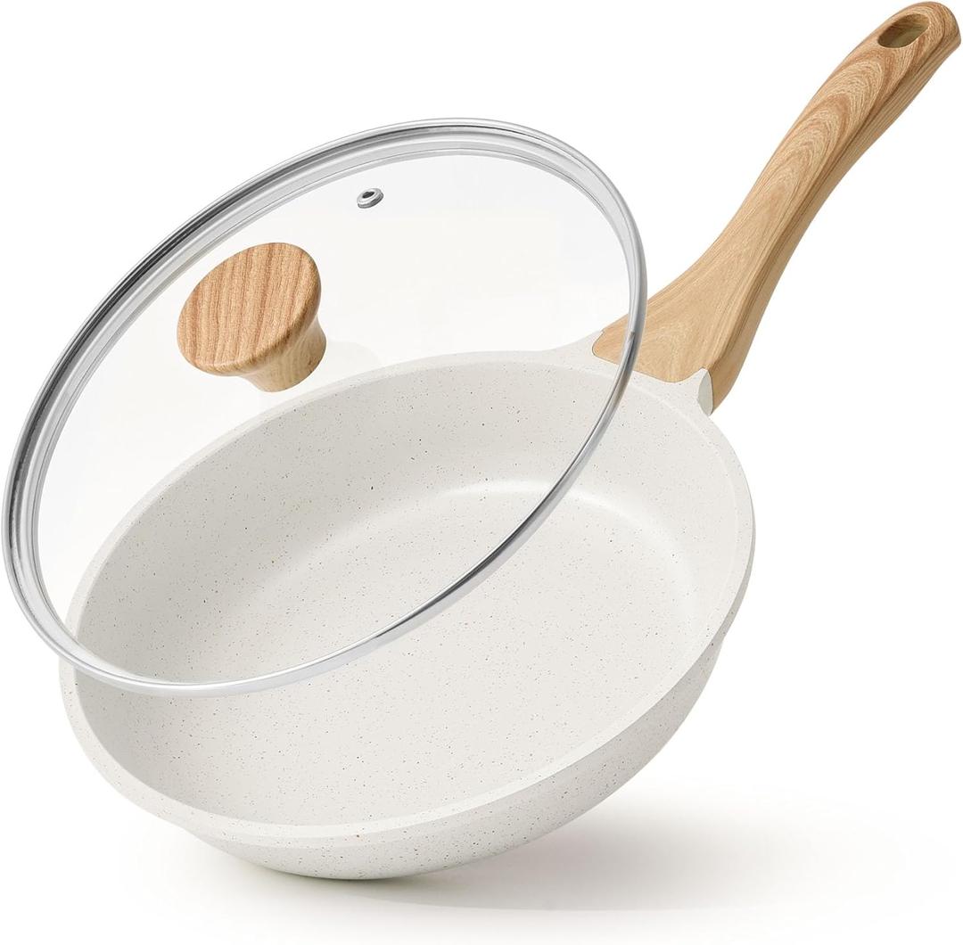 SENSARTE Nonstick Ceramic Frying Pan with Lid 8/9.5/11/12.5 Inch Omelet Pan Skillet, PFAS/PTFE/PFOA Free Healthy Non-toxic Chef's Pan Induction Compatible Egg Pan with Heat Resistant Handle (8 Inch, White Ceramic)