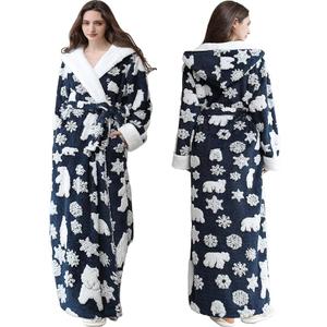 Oksun Womens Long Warm Hooded Robe: Full Length Thick Fleece Fluffy Bathrobe - Jacquard Soft Cozy Christmas Winter Housecoat Size M