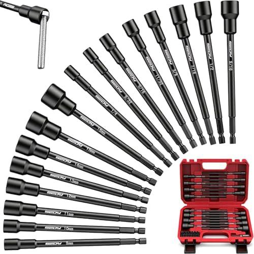 Nut Driver Impact Bit Set - 31-Piece Magnetic Socket Impact Drill Bit Tool Sets Extra Long Hex Nut Setter Driver Holder - Metric SAE Screwdriver Bits 1/4 Drive Shank Adapter Extension