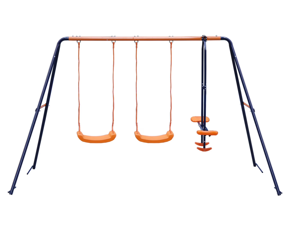 Double Swings Set Sturdy Metal Swing w/1 Seesaw Set for Children Outdoor Play