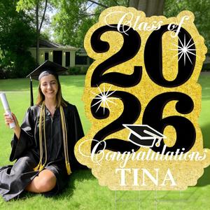 2026 Graduation Yard Sign, Class of 2026 Lawn Sign with Stakes, 40 Inch Glitter Waterproof Outdoor Graduation Decorations for Grad Party (Golden)