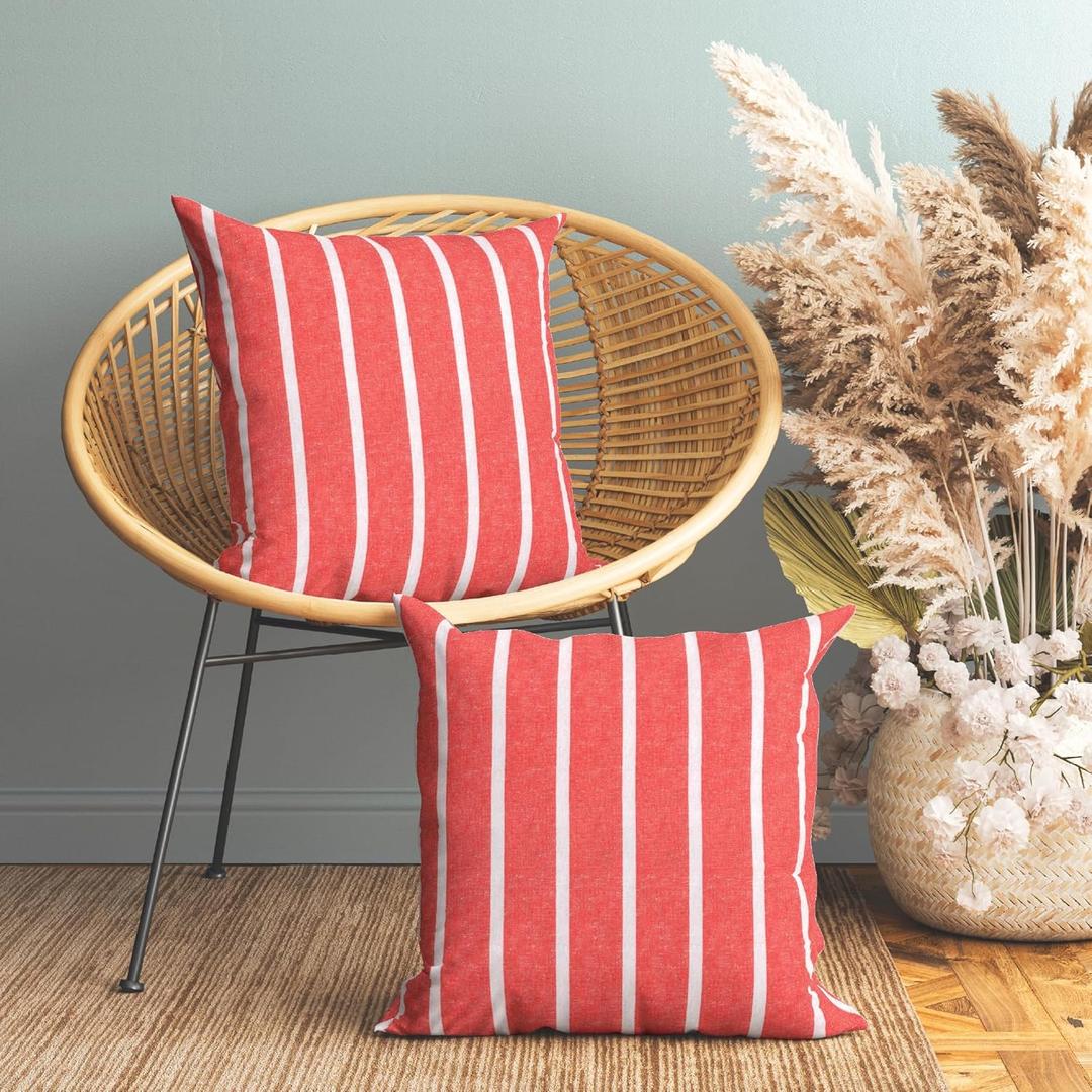 Encasa XO Farmhouse Throw Pillow Covers Set of 2 18x18 in Roma Red Stripes | Decorative Cushion Covers No Inserts | Plaid and Stripes Pillow Covers for Living Room, Couch 