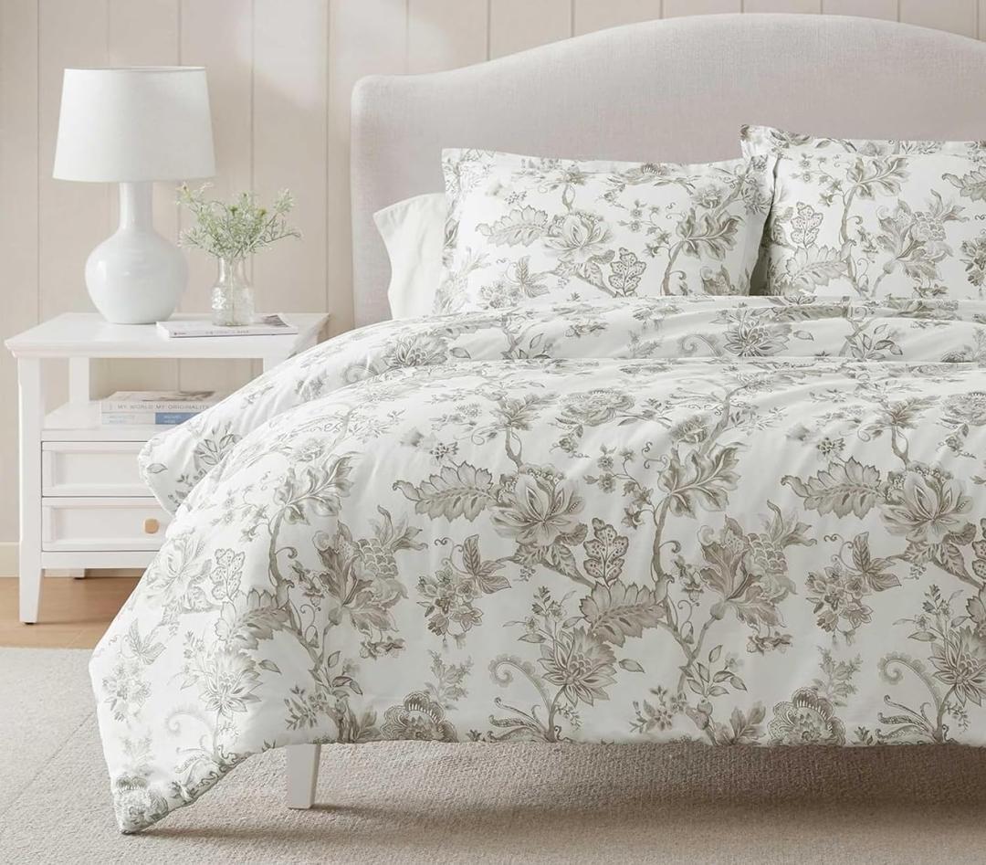 Martha Stewart - King Comforter Set, Smooth Sateen Front with Subtle Sheen & Lightweight Cotton Percale Reverse, 3 Piece Bed Set with Matching Pillowcases (Avery Floral Grey)