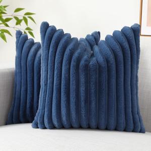 decorUhome Faux Fur Throw Pillow Covers 20x20 Set of 2, Decorative Soft Plush Striped Couch Pillow Covers with Velvet Back for Sofa, Bed, Living Room, Blue (20" x 20" (Pack of 2), Blue)