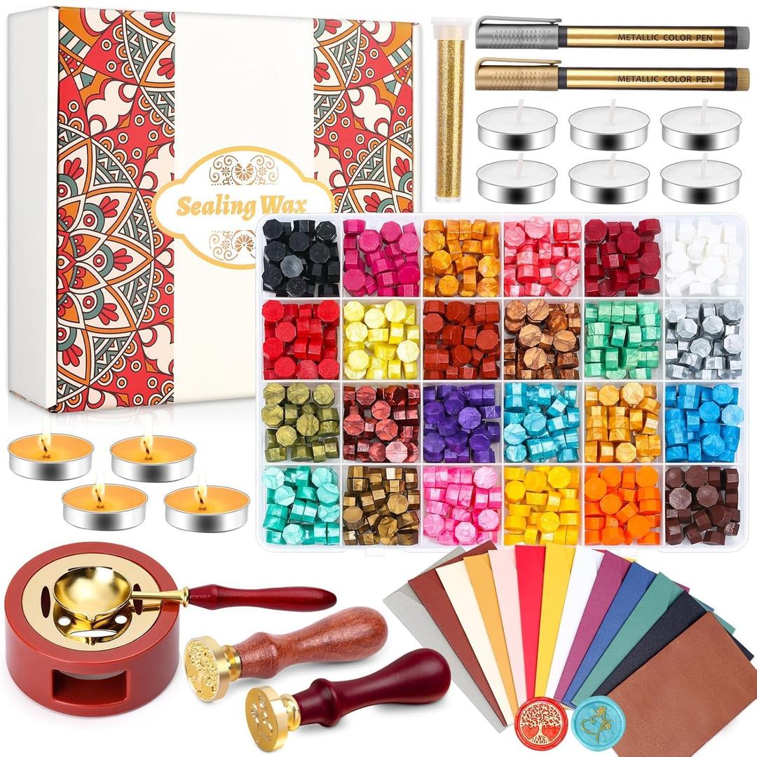 Paxcoo Sealing Wax Kit with Wax Seal Beads, Stamp, Warmer, Spoon, Envelopes for Letter Sealing (Multicolored)