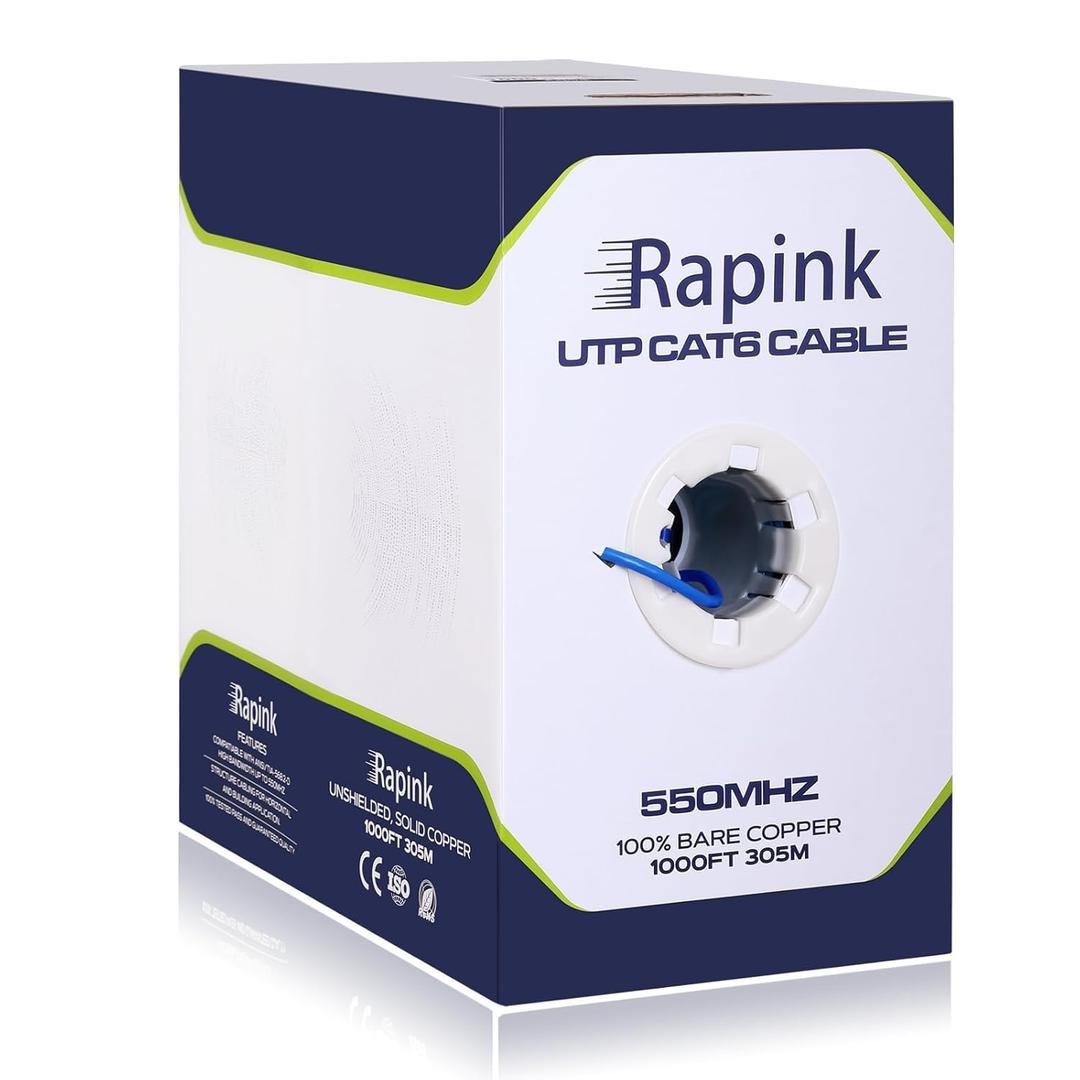 Rapink Cat6 Ethernet Cable 1000ft, Cat6 ethernet Cable 23AWG Solid Bare Copper 10G Support, UTP cat6 Cable 550MHZ, cat 6 Cable 1000ft POE Support Blue