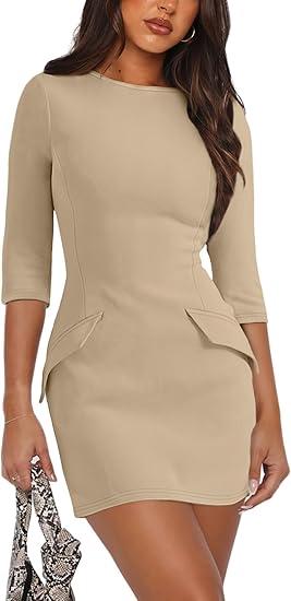 RUMIA Womens Fall Dress Crew Neck 3/4 Sleeve Bodycon Party Club Mini Dresses L