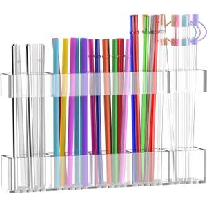 Rycid 9.6 Large Acrylic Straw Holder for Cabinet Door, Reusable Adjustable Two-Part Straws Organizer with Ultra Sticky Adhesive Strips, 2026 Straw Storage for Kitchen Cupboard (Transparent)