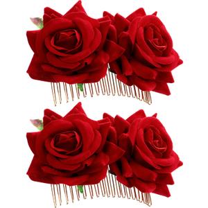 Bememo 2 Pack Women Rose Flower Hair Clip Rose Side Combs Flamenco Flowers Day of The Dead Costumes Mexican Hair Accessories for Wedding Party Mother's Day(Red)