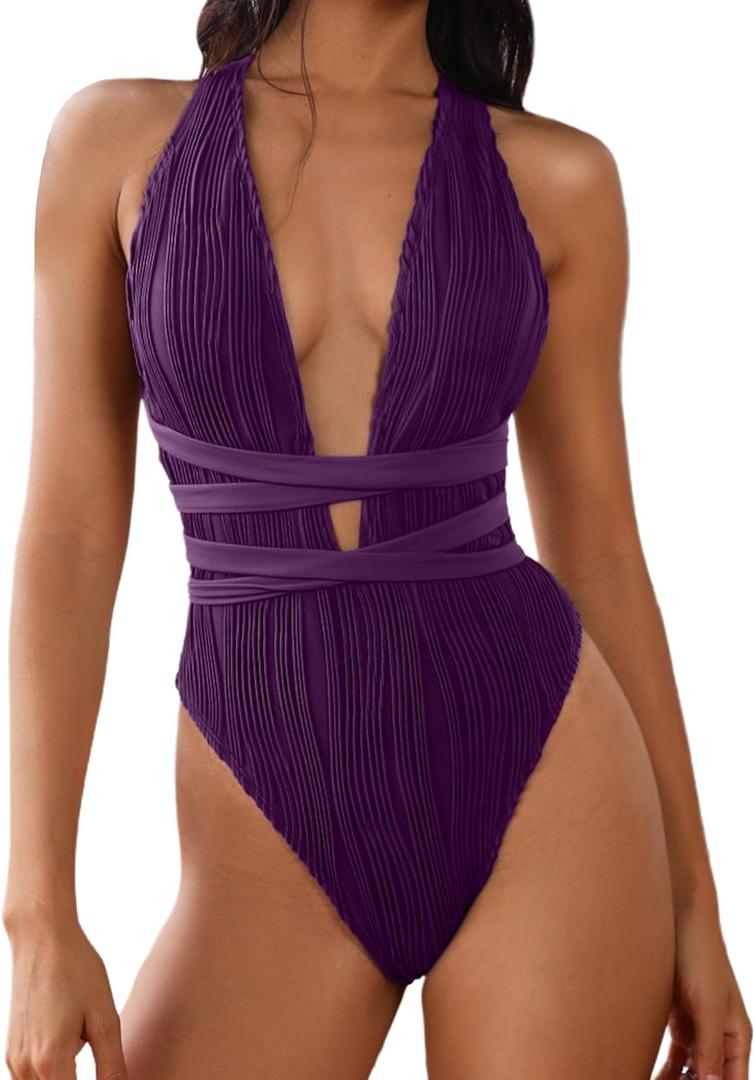 ZAFUL Women's One Piece Swimsuit Deep V Neck Ribbed Self Tie Sexy High Cut Bathing Suit Crisscross Back Swimwear (Medium, Purple)