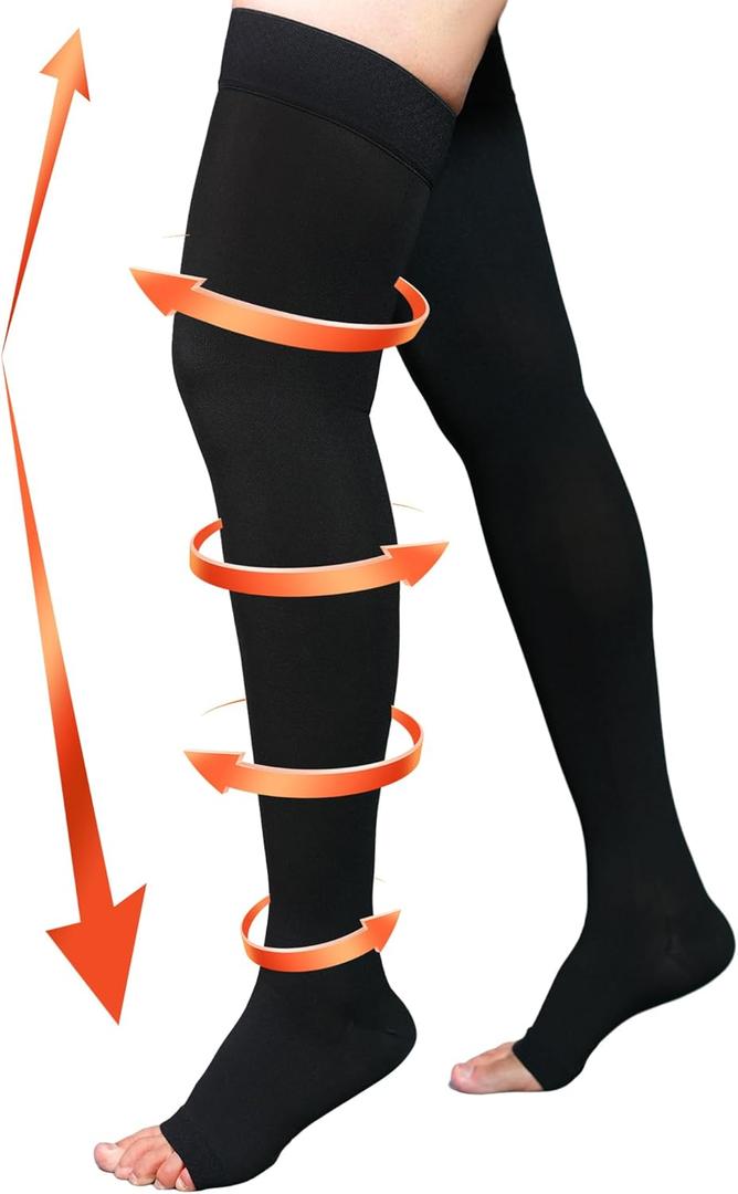 20-30 mmHg Compression Stockings for Women & Men, Thigh High Compression Socks Open Toe, Silicone Dot Band (Medium, Black)
