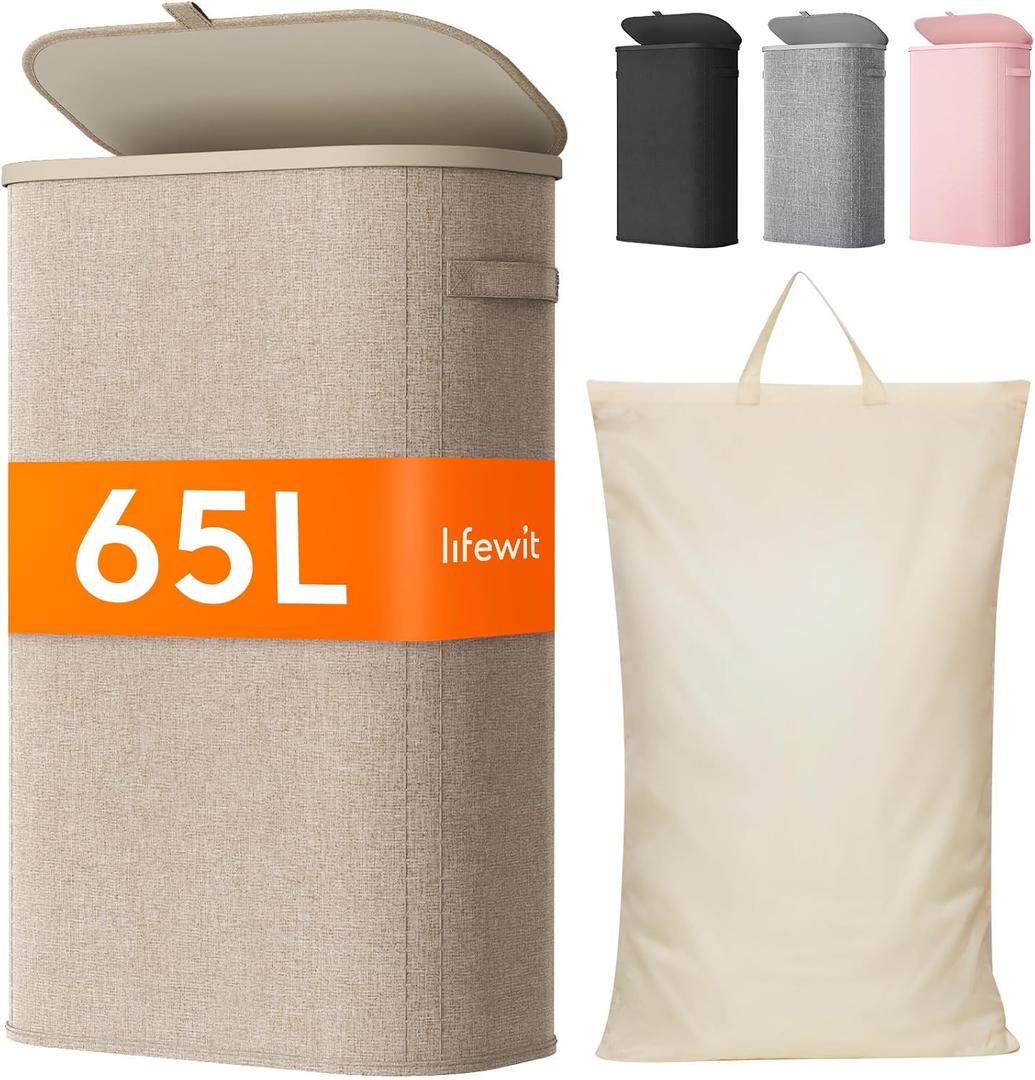 Lifewit Slim Laundry Basket with Lid, Narrow Laundry Hamper with Plastic Handles and Removable Bag, Tall Foldable Dirty Clothes Hampers for Laundry Room, Bedroom, Bathroom, Dorm, 65L Beige