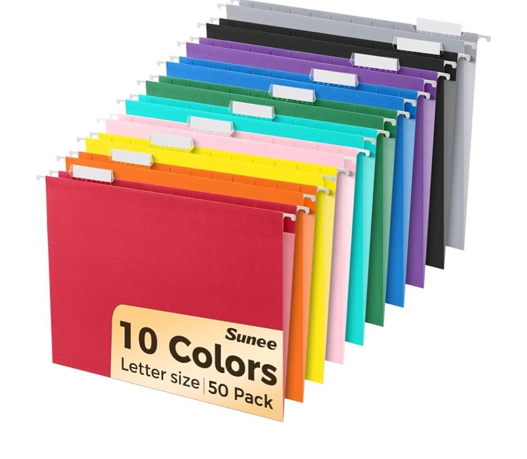 SUNEE Hanging File Folders, 50 Pack Letter Size Hanging File Folders with 1/5-cut Tabs, Stay Organized for Your Home and Office Bulk File, Documents and Paper,10 Assorted Colors