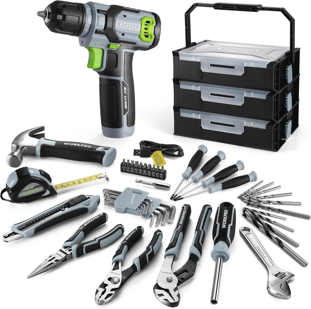 WORKPRO 43PCS Cordless Lithium-ion Drill Driver & Toolbox, 8V 2.0 Ah Power Drill Set with Household Hand Tool Kit, Battery Powered Screwdriver with Stackable Tool Box (Grey)