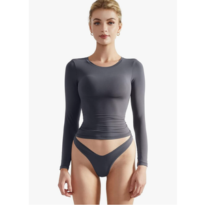 SUUKSESS Women Double Lined Fitted Basic T Shirts Crew Neck Long Sleeve Crop Top, M